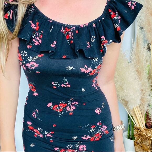 REBECCA TAYLOR Black Floral Ruffle Off Shoulder Bodycon Marguerite Mini Dress M - Picture 5 of 8